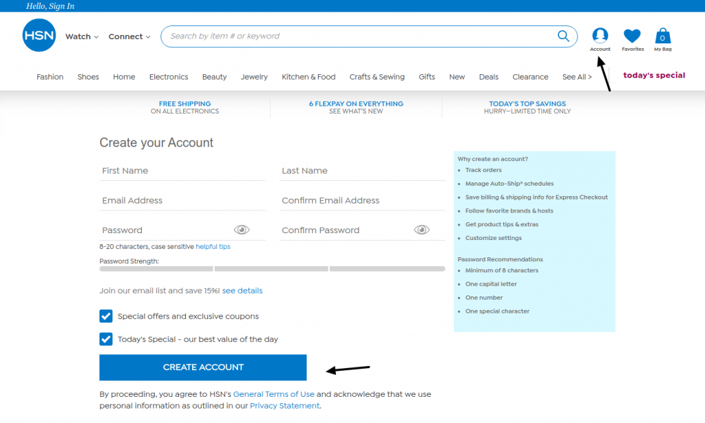 HSN Create Account