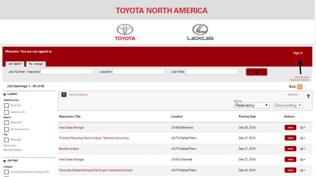 Toyota Job Sign In